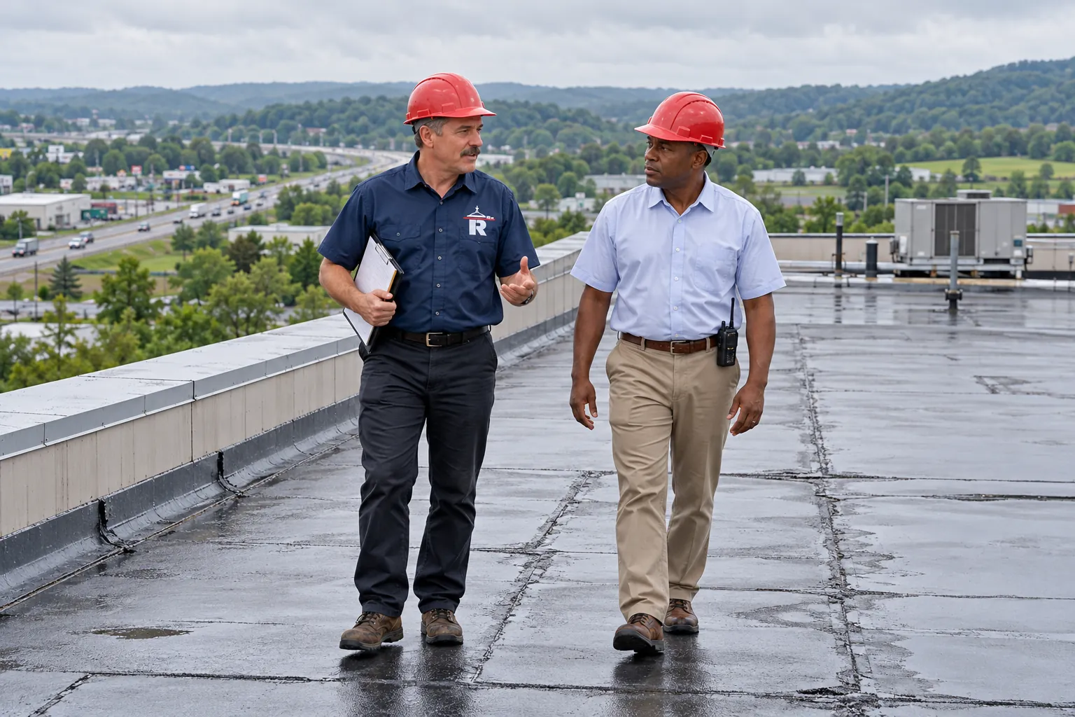 Roofer walking a commercial roof to inspect seams, drains, and flashing