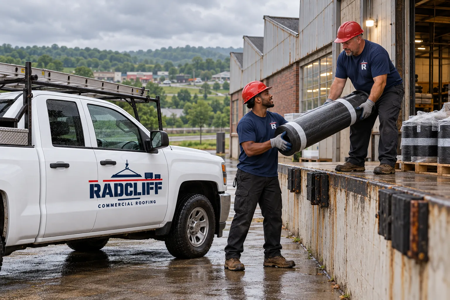 Roofing truck staged beside a commercial building before a roof replacement in Radcliff, KY