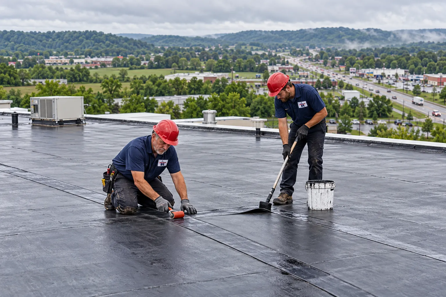 Crew working on a black EPDM rubber roof on a commercial building