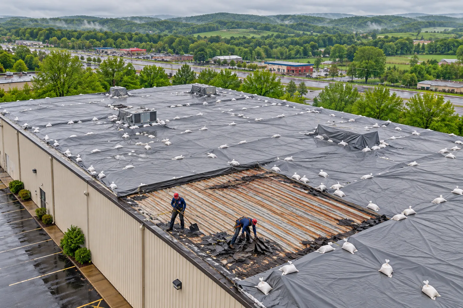 Crew tearing off an old commercial roof down to the deck